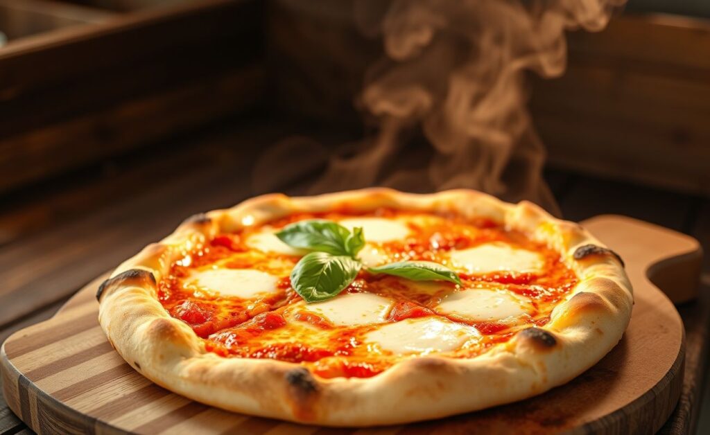 Pizza Caseira artesanal com queijo derretido borbulhante, molho de tomate visível e folhas de manjericão fresco sobre massa dourada