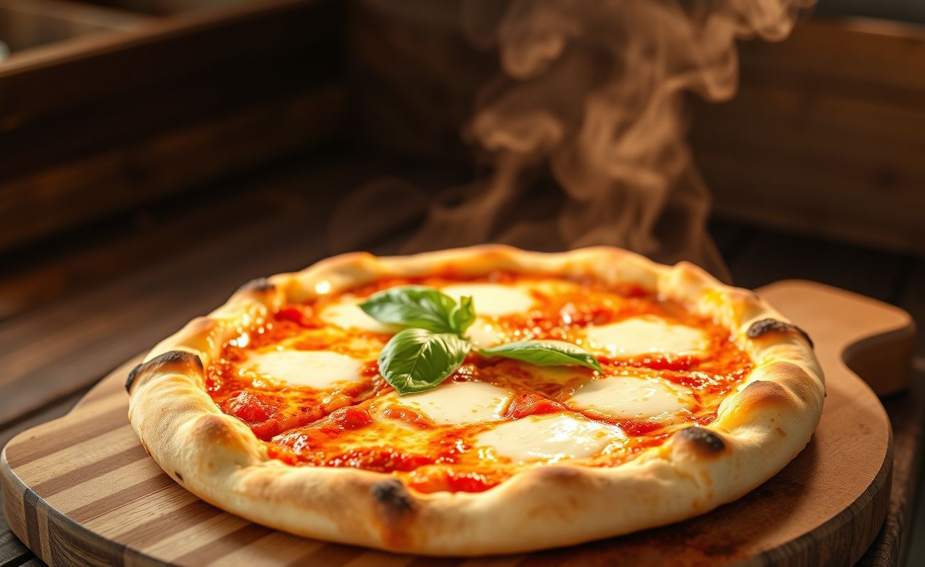 Pizza Caseira artesanal com queijo derretido borbulhante, molho de tomate visível e folhas de manjericão fresco sobre massa dourada