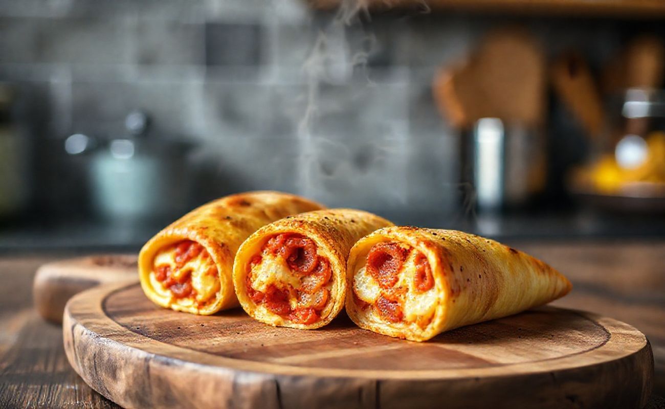 Pizza Cone dourado e crocante com recheio de queijo derretido e pepperoni visível no corte transversal