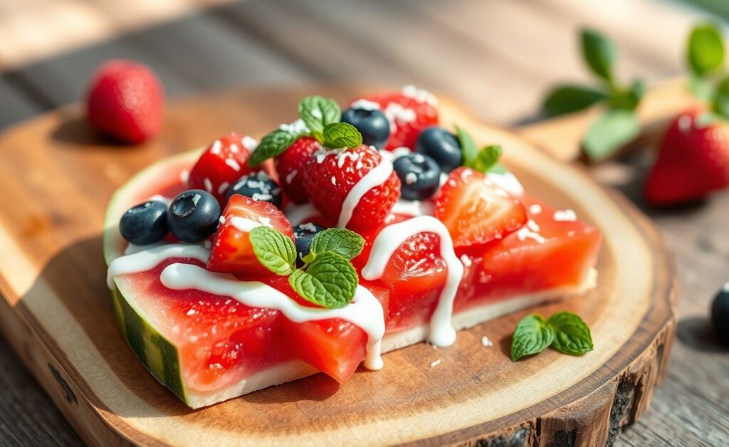 Pizza de Melancia decorada com frutas vermelhas, iogurte grego, coco ralado e hortelã fresca sobre tábua de madeira