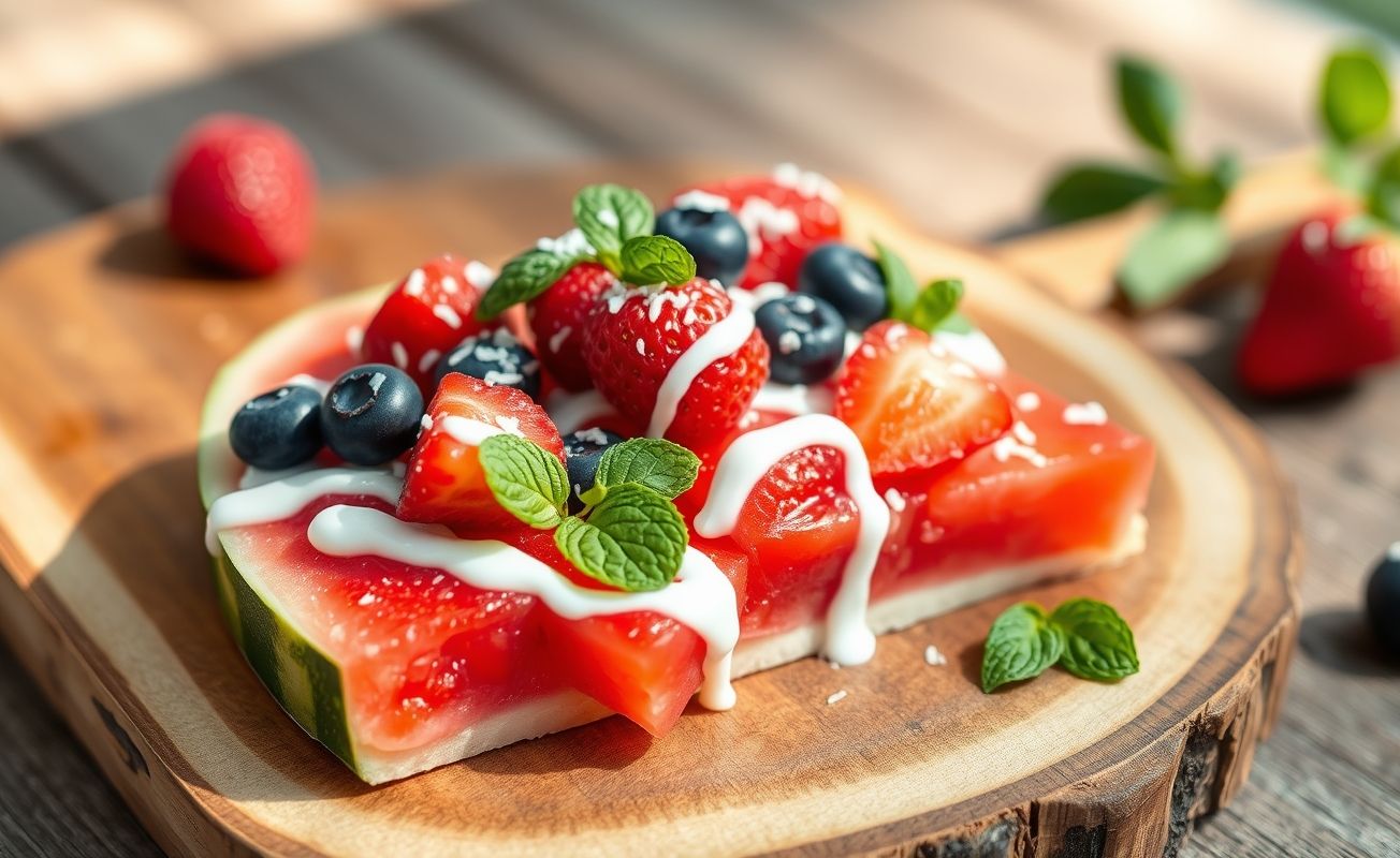 Pizza de Melancia decorada com frutas vermelhas, iogurte grego, coco ralado e hortelã fresca sobre tábua de madeira