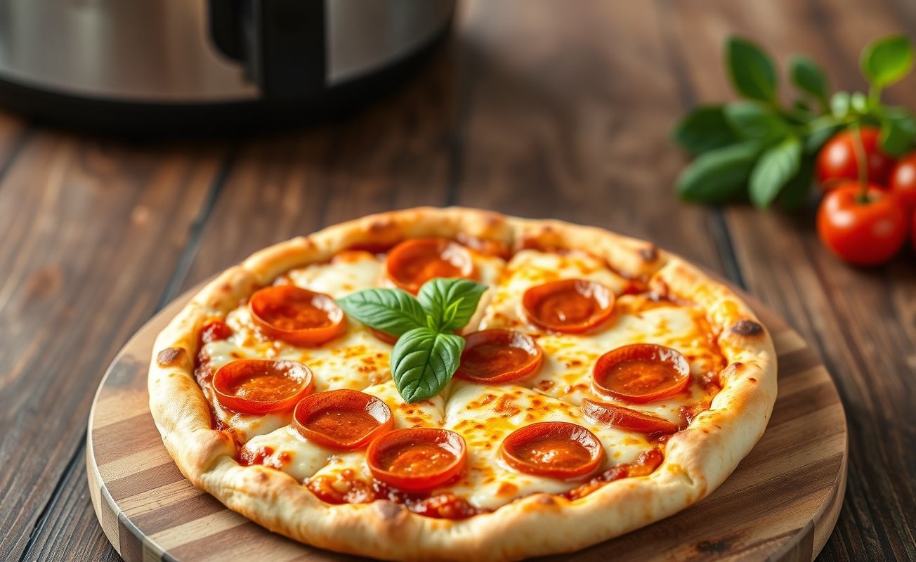 Pizza na Airfryer dourada com queijo derretido, pepperoni e manjericão fresco sobre tábua de madeira