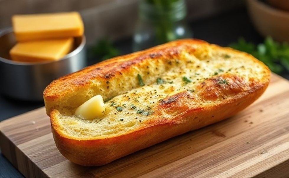 Pão de Alho Recheado dourado com queijo derretendo entre as fatias, sobre tábua de madeira rústica