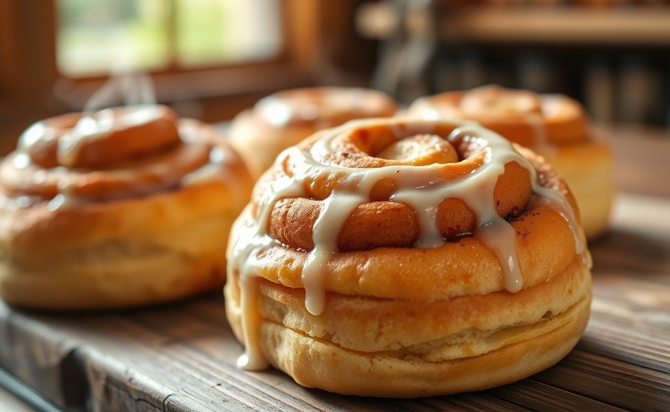 Pão de canela recém-assado com glacê branco escorrendo, mostrando camadas macias e aroma de canela, em fundo rústico
