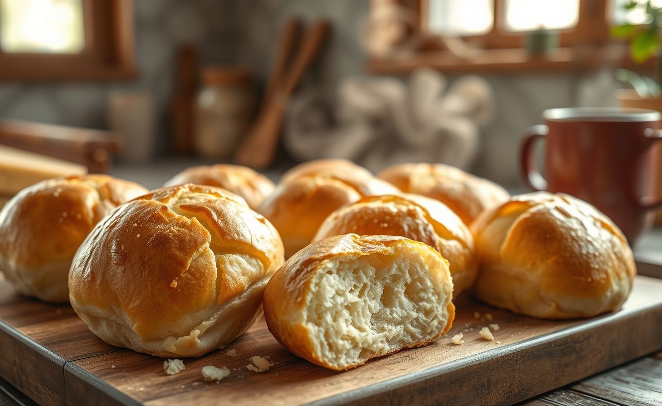 Pão de Queijo mineiro recém-saído do forno com casca dourada e miolo branco macio, disposto em tábua de madeira rústica