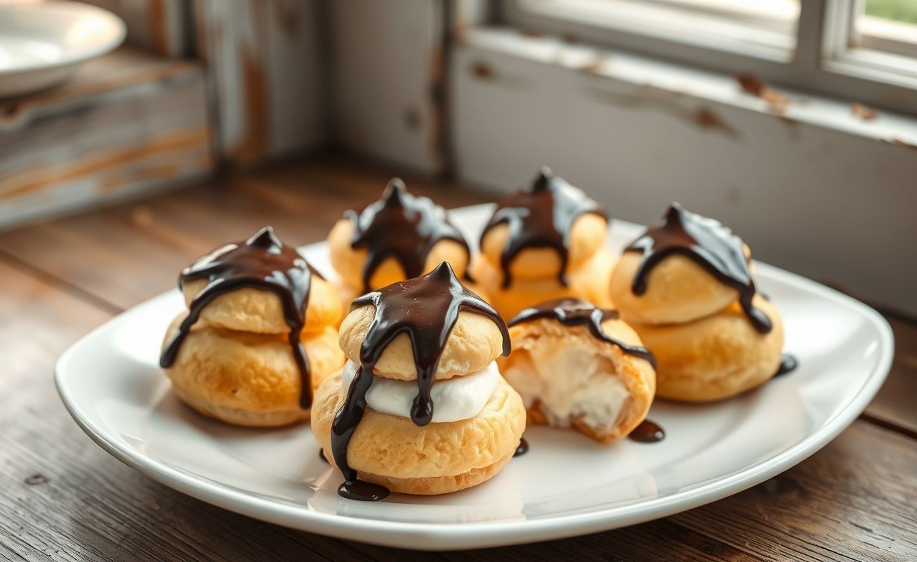 Profiteroles dourados recheados com creme branco e cobertos com chocolate derretido escuro em prato elegante