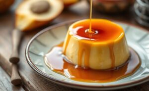 Pudim de Leite Condensado tradicional servido em prato com calda caramelizada escorrendo pelas bordas