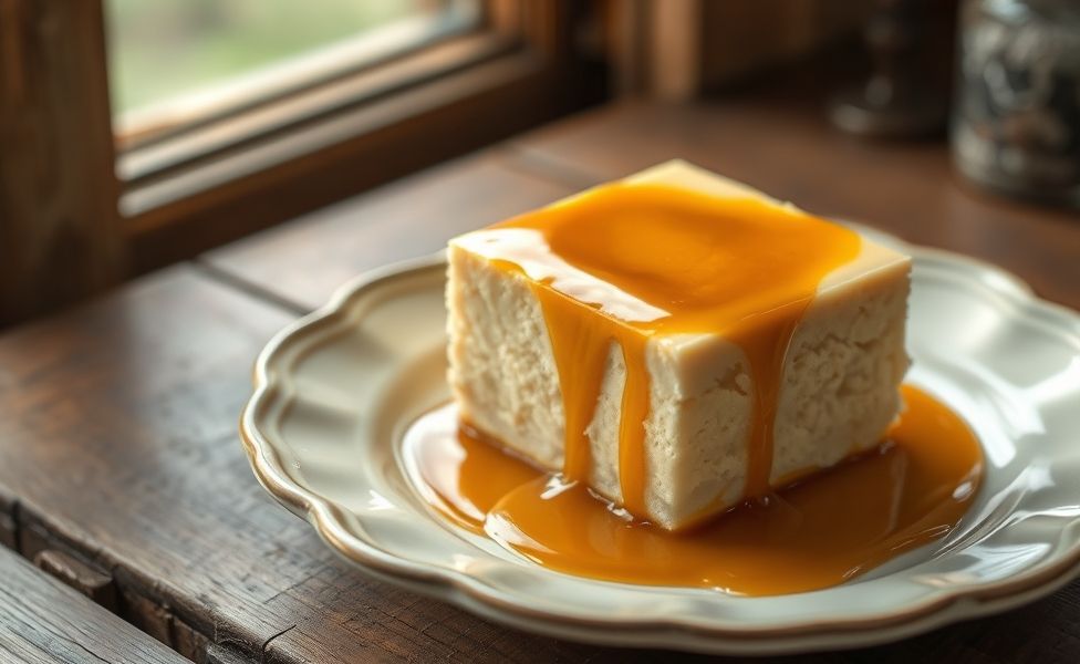 Pudim de Leite Condensado tradicional com calda caramelizada escorrendo pelas bordas, textura cremosa e lisa em prato branco