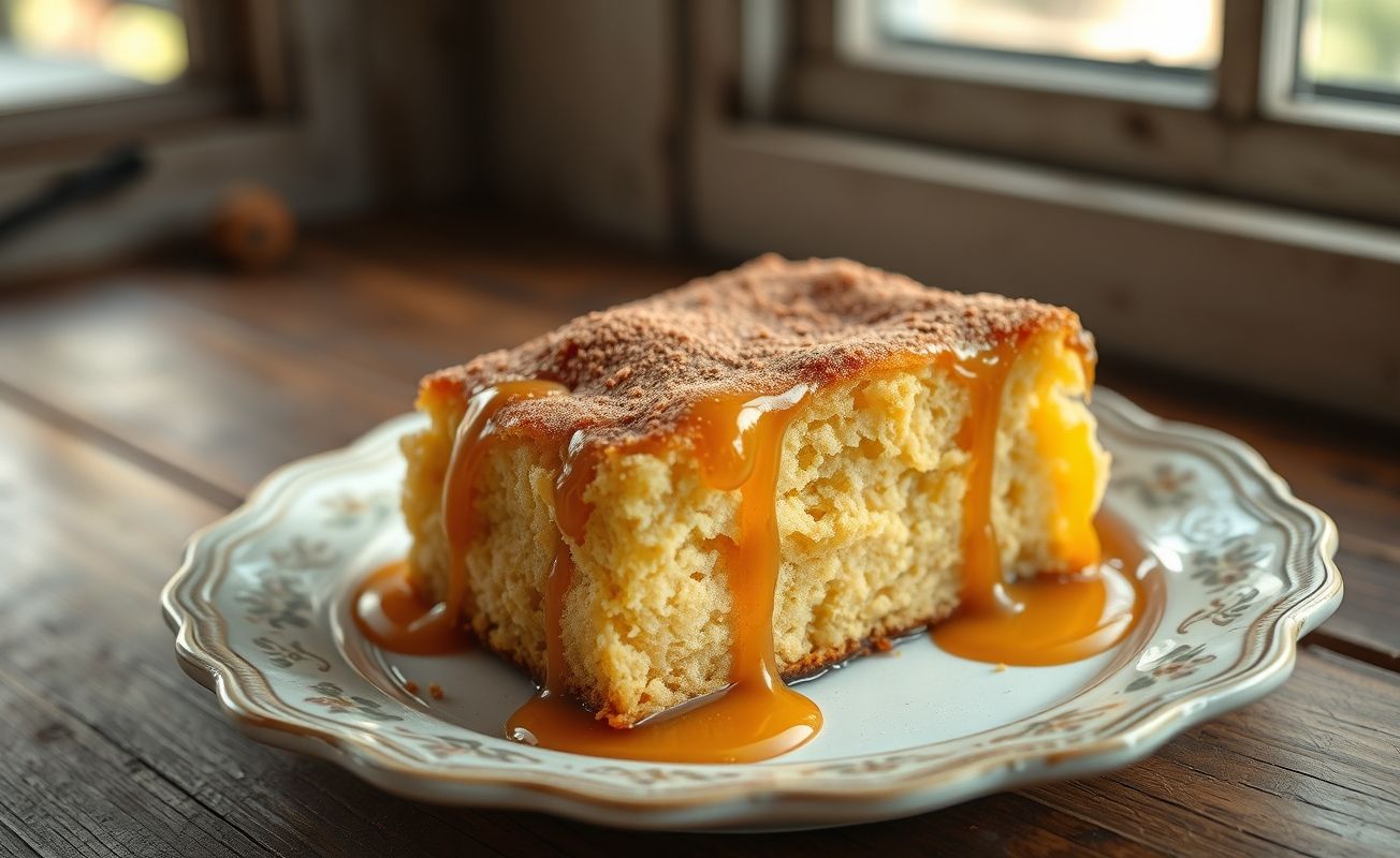 Fatia de Pudim de Pão caseiro com calda caramelizada, decorado com canela em pó em prato vintage