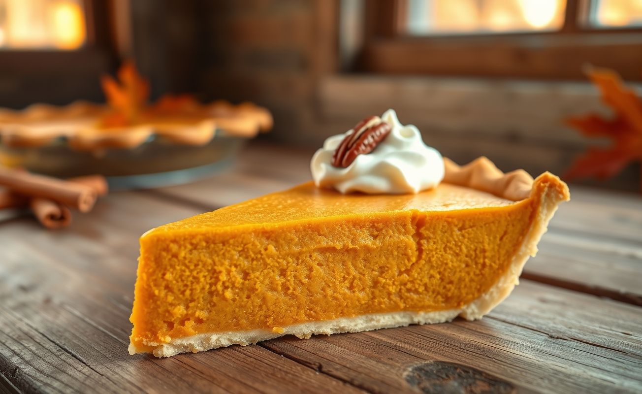 Fatia de Pumpkin Pie tradicional com recheio cremoso laranja, crosta dourada e decoração com chantilly e nozes pecã