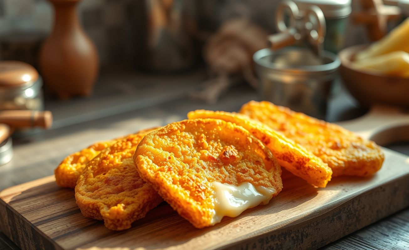 Queijo Assado na Airfryer dourado e derretido, servido em tábua de madeira rústica com textura crocante visível
