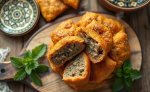 Quibe Frito dourado e crocante disposto em prato de madeira, mostrando textura interna úmida com ervas e carne moída