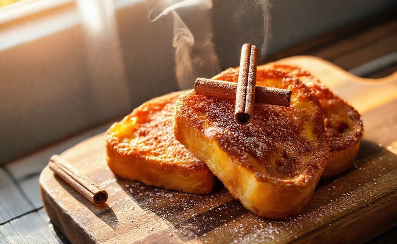 Rabanada tradicional brasileira dourada com canela, crocante por fora e macia por dentro, polvilhada com açúcar e canela