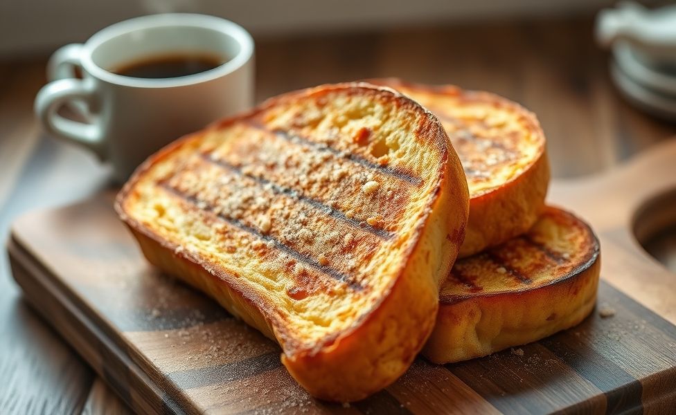 Rabanada dourada polvilhada com canela e açúcar, disposta em prato rústico, mostrando textura crocante e interior macio