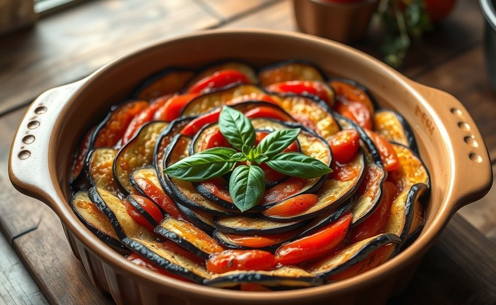 Ratatouille tradicional em assadeira redonda com camadas perfeitas de berinjela, abobrinha, tomate e pimentão, decorado com ervas frescas