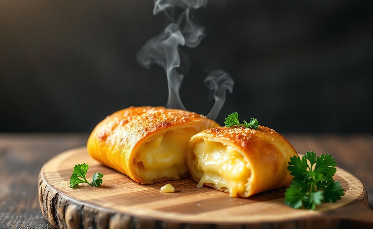 Rolinho Crocante de Queijo dourado com recheio de queijo derretido visível, servido em tábua de madeira rústica