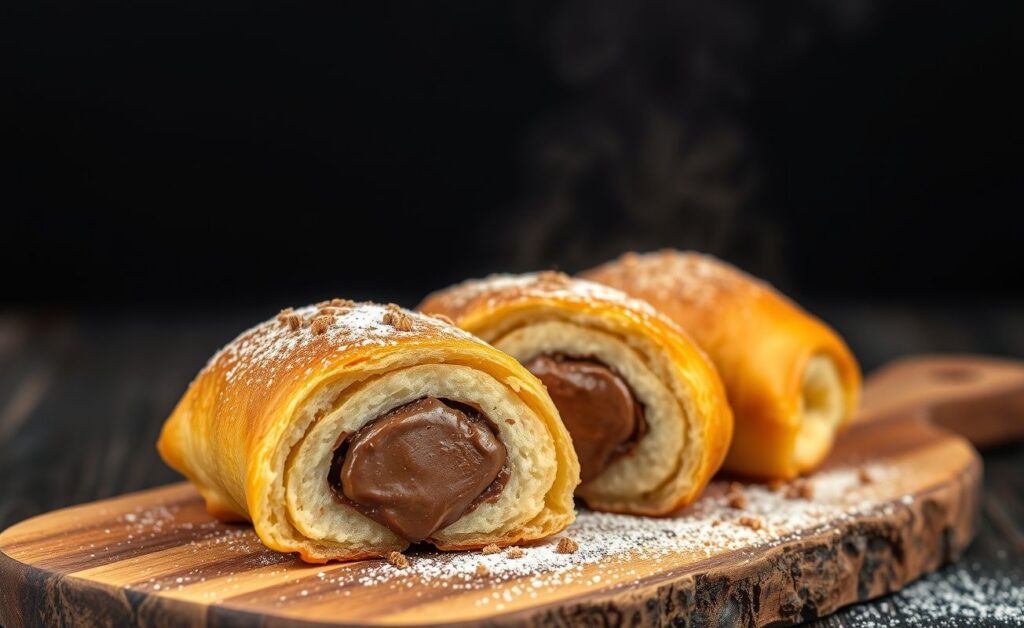 Rolinho de Banana com Nutella dourado e crocante com recheio cremoso visível, polvilhado com açúcar e canela em prato rústico