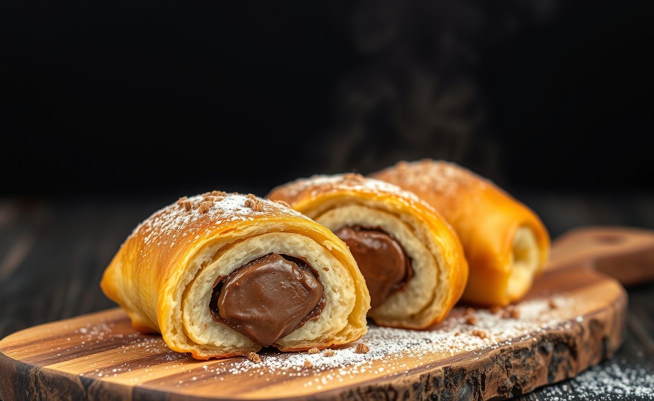 Rolinho de Banana com Nutella dourado e crocante com recheio cremoso visível, polvilhado com açúcar e canela em prato rústico