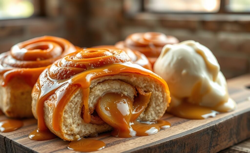 Rolinho de Maçã Caramelada recém-saído do forno com caramelo dourado escorrendo, mostrando camadas espirais de massa macia e recheio de maçã com canela
