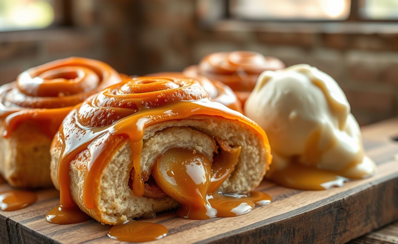 Rolinho de Maçã Caramelada recém-saído do forno com caramelo dourado escorrendo, mostrando camadas espirais de massa macia e recheio de maçã com canela