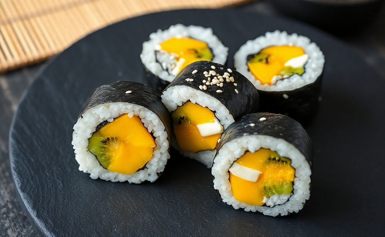 Rolinho de Sushi Doce cortado mostrando recheio cremoso de manga e kiwi com sementes de gergelim, apresentado em prato escuro