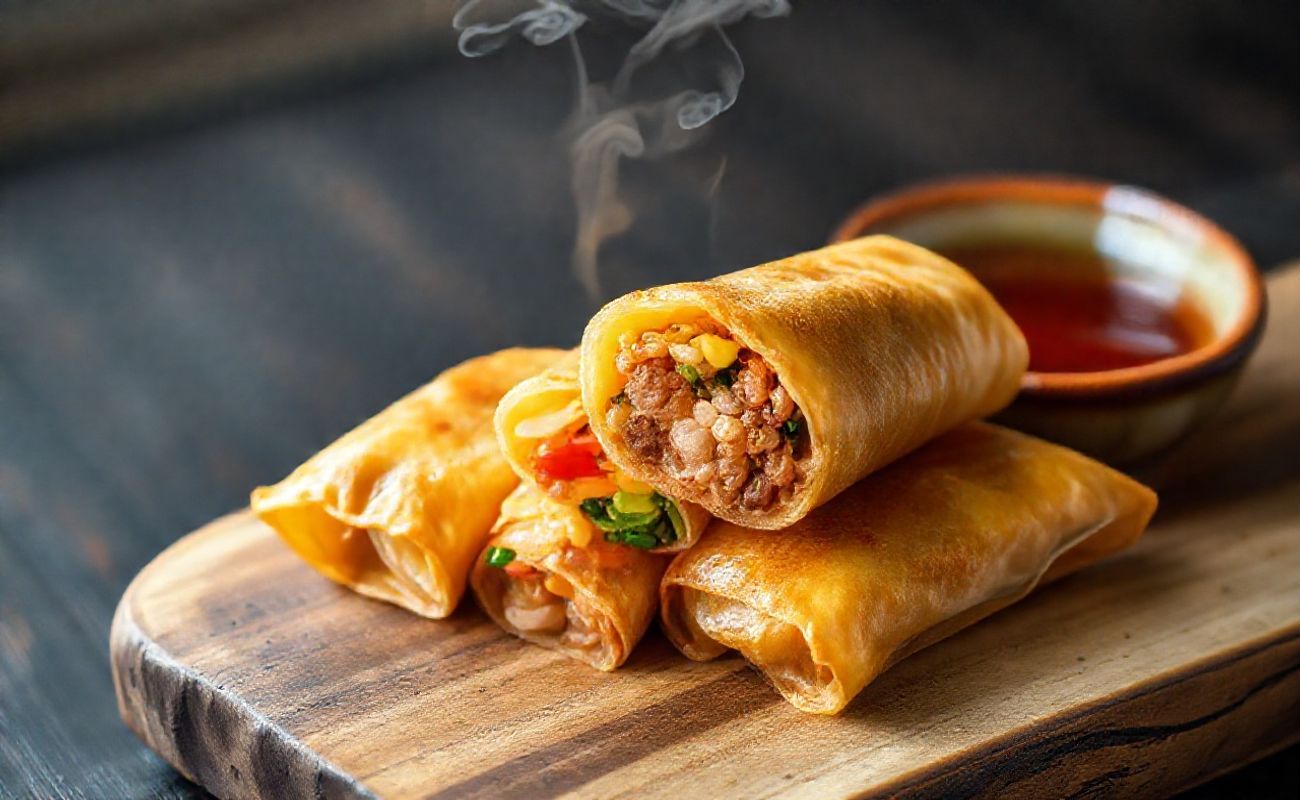 Rolinho Primavera Airfryer dourado e crocante servido em tábua de madeira com molho agridoce