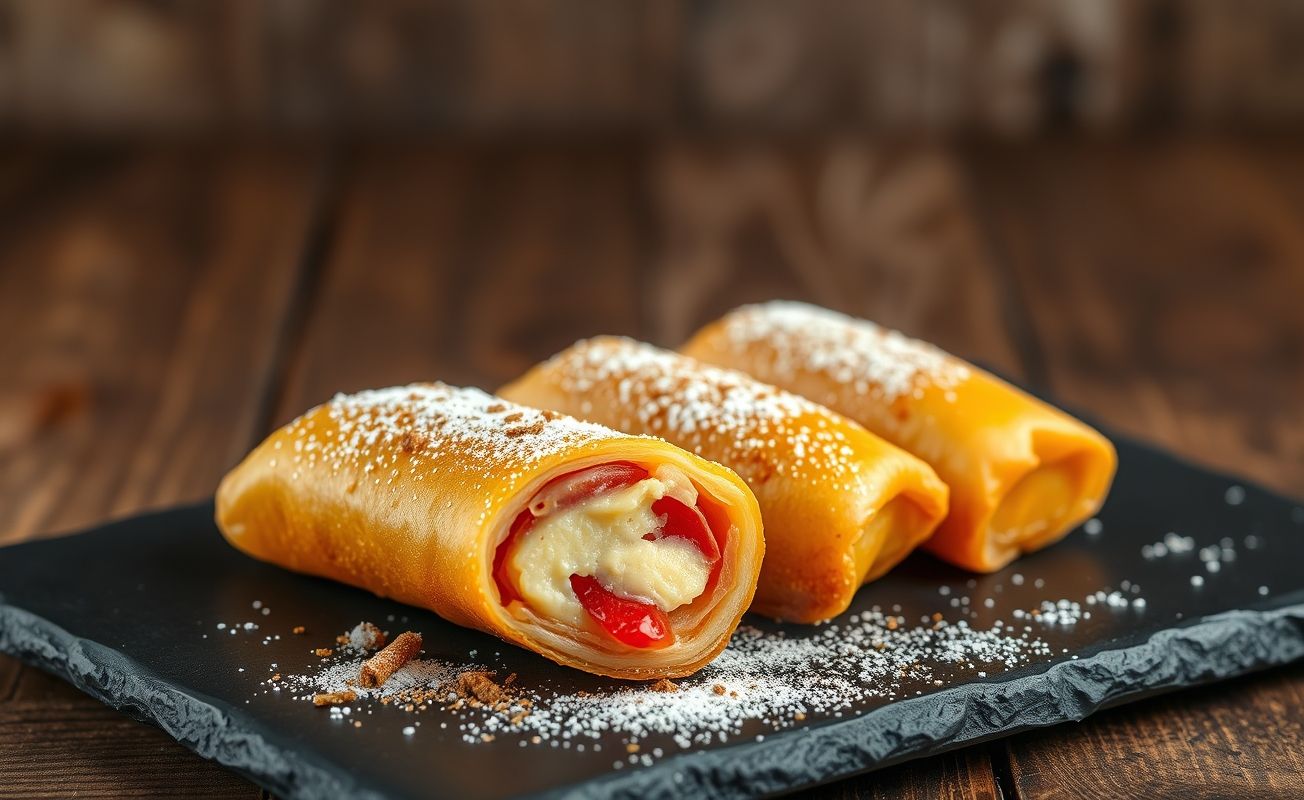 Rolinho Primavera Doce dourado e crocante com recheio cremoso de frutas, polvilhado com açúcar e canela