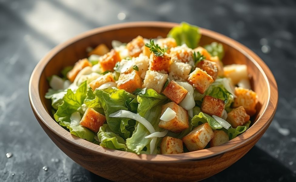 Salada Caesar tradicional em tigela de madeira com folhas verdes, croutons dourados e lascas de queijo parmesão