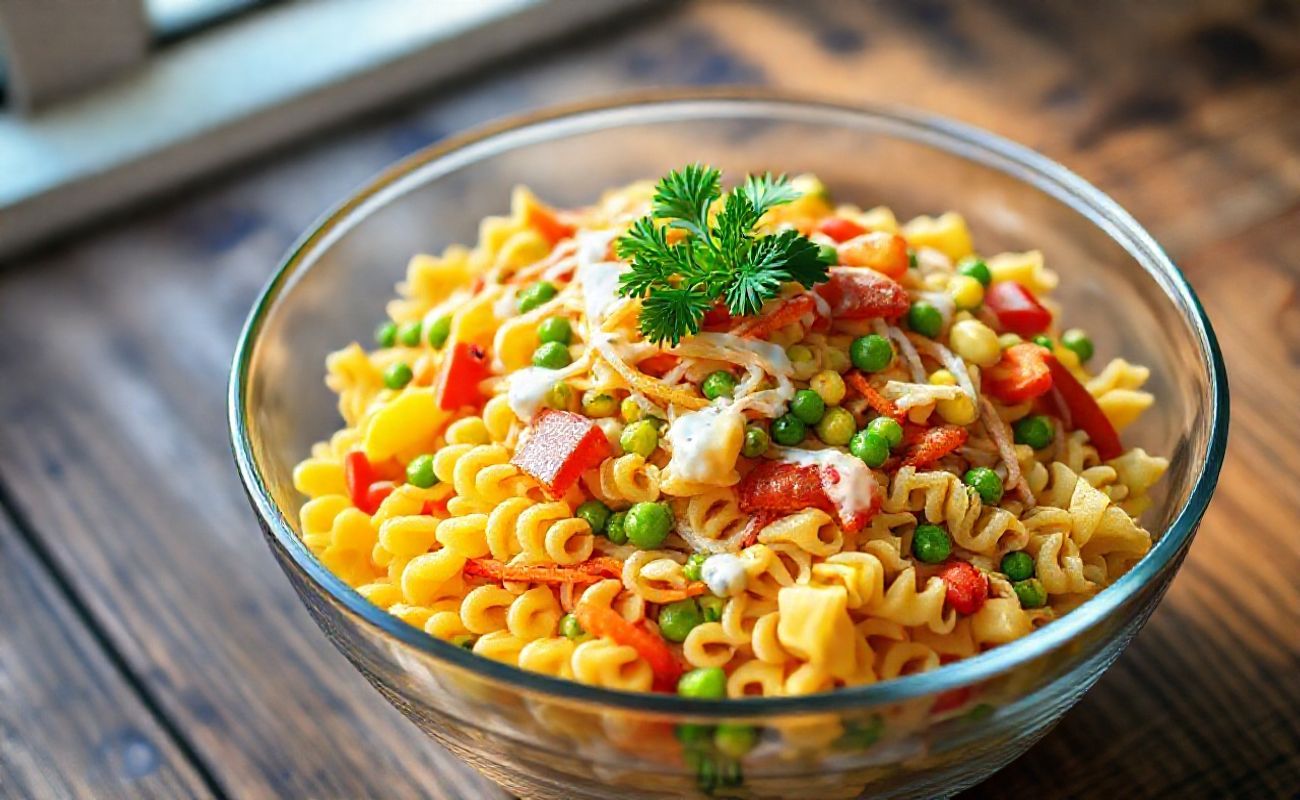 Salada de Macarrão Colorida em bowl de vidro com macarrão parafuso, vegetais coloridos e molho cremoso, decorada com salsa fresca