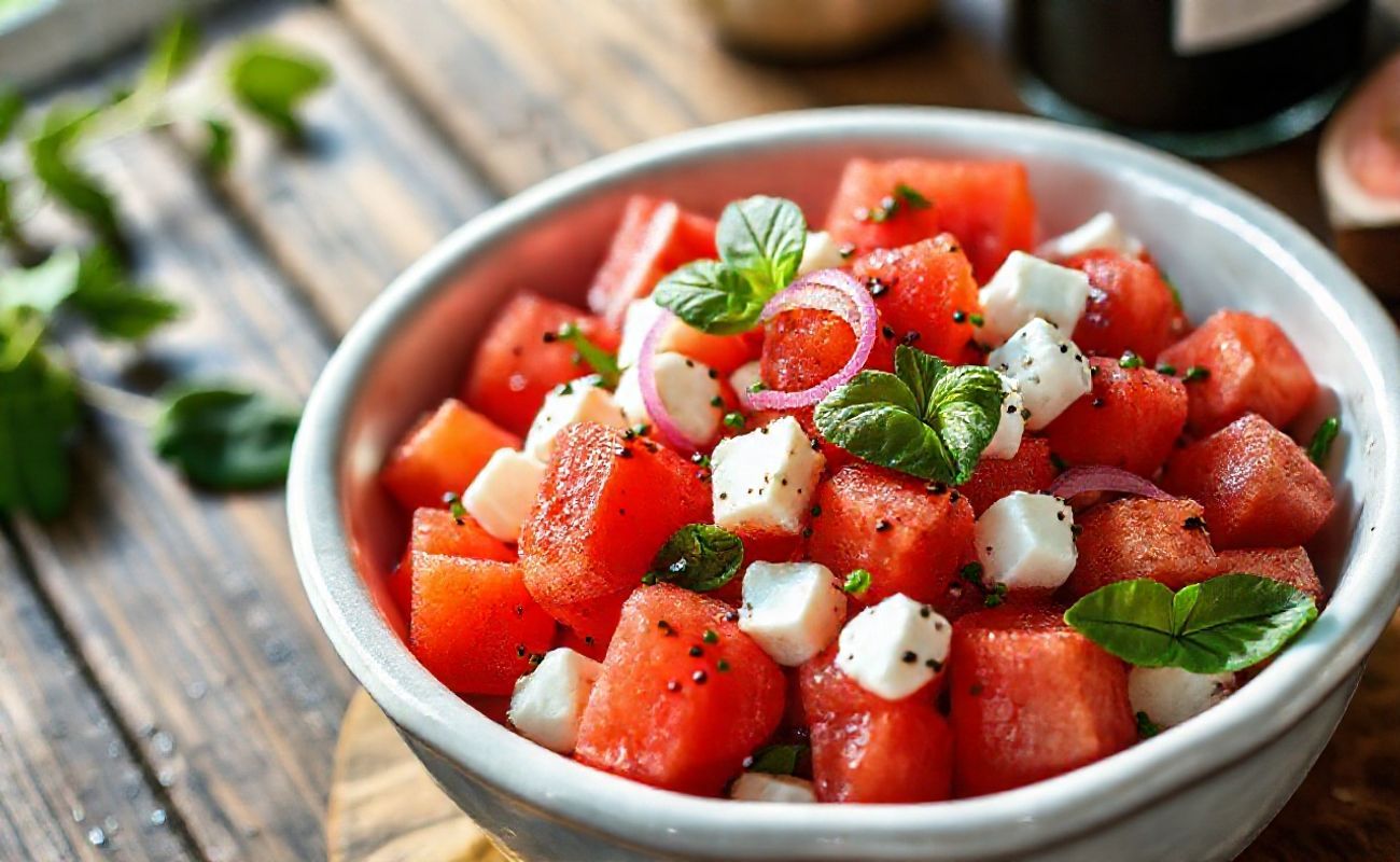 Salada de Melancia com Feta em tigela branca, cubos vermelhos de melancia e brancos de queijo feta, decorada com hortelã e manjericão fresco