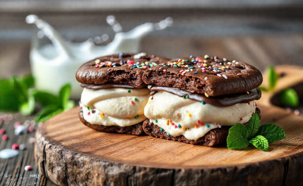 Sanduíche de Sorvete Oreo caseiro com biscoitos crocantes, sorvete cremoso e cobertura de chocolate com granulado colorido
