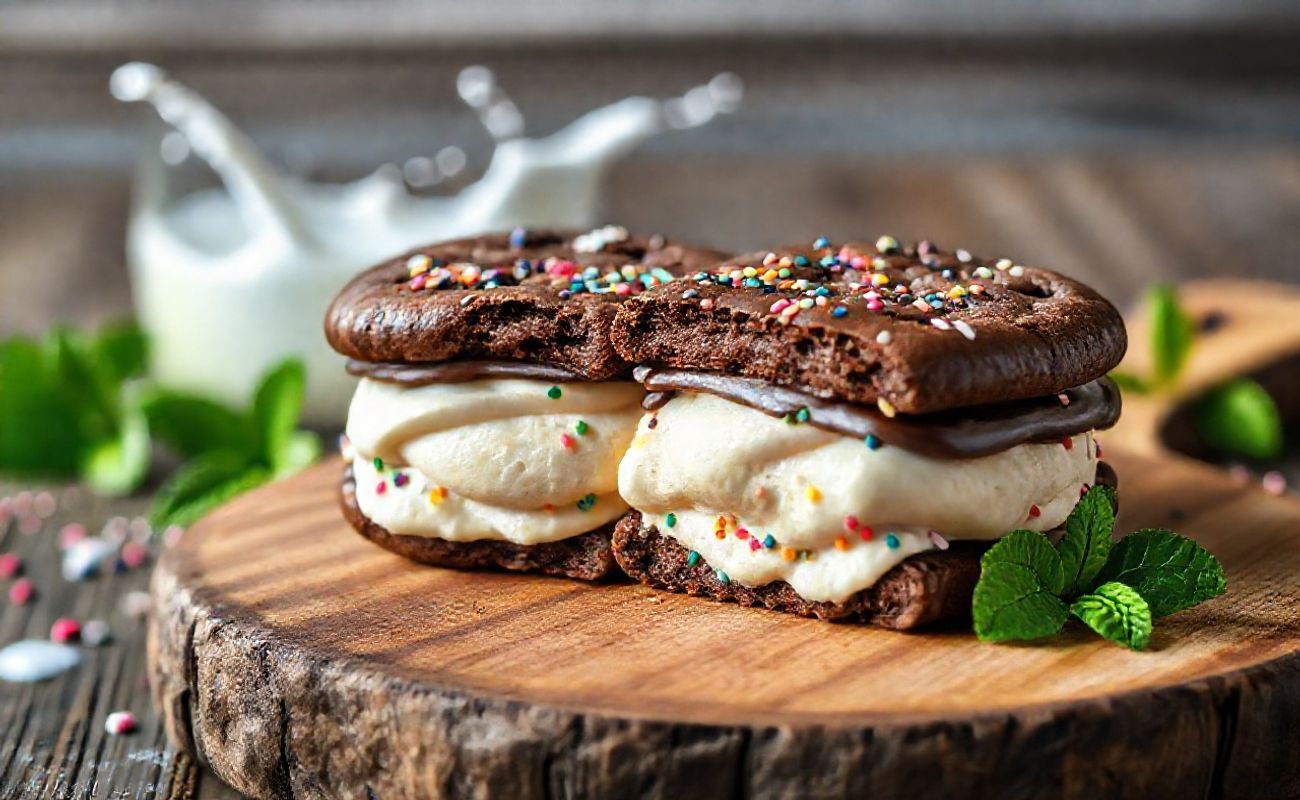 Sanduíche de Sorvete Oreo caseiro com biscoitos crocantes, sorvete cremoso e cobertura de chocolate com granulado colorido