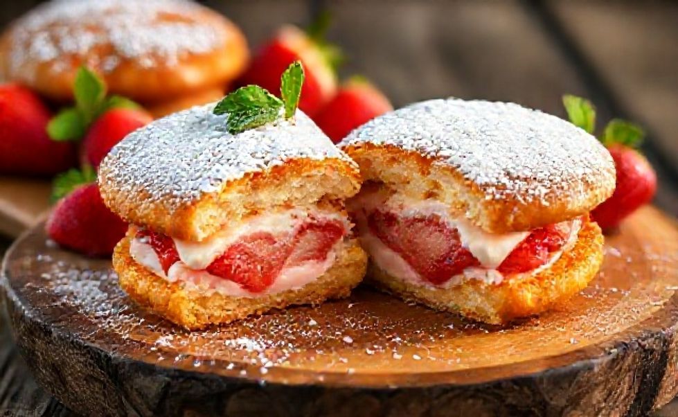 Sanduíches de Cheesecake de Morango Frito dourados e crocantes com recheio cremoso de morango visível no corte, polvilhados com açúcar