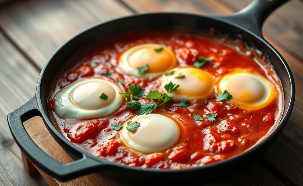 Shakshuka tradicional em frigideira de ferro fundido com ovos pochês em molho de tomate vermelho vibrante, decorada com salsa fresca