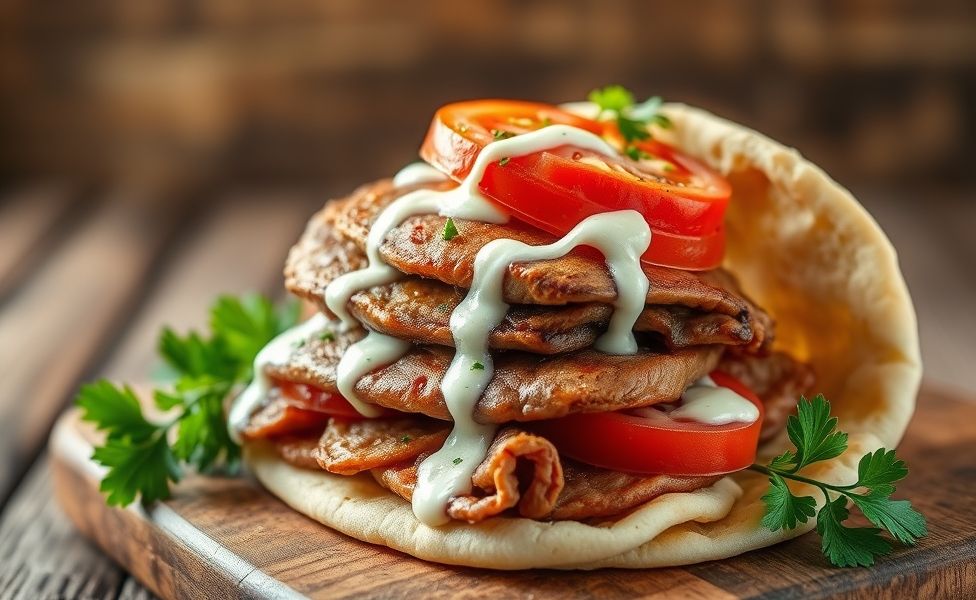 Shawarma tradicional com carne temperada dourada, servido em pão árabe com tomate, cebola e molho branco