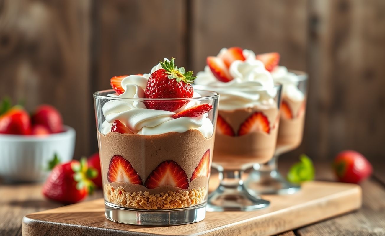 Sobremesa de Copinho em vidro transparente mostrando camadas de chocolate, biscoito e morangos frescos com chantilly