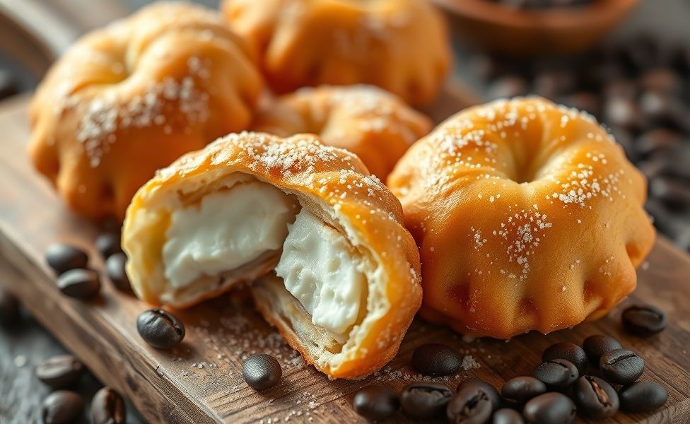 Sonho de Padaria dourado e polvilhado com açúcar cristal, cortado ao meio mostrando recheio cremoso branco, sobre tábua de madeira rústica