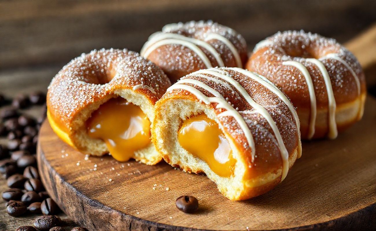 Sonho Recheado dourado e crocante recheado com doce de leite cremoso, polvilhado com açúcar cristal e regado com chocolate branco