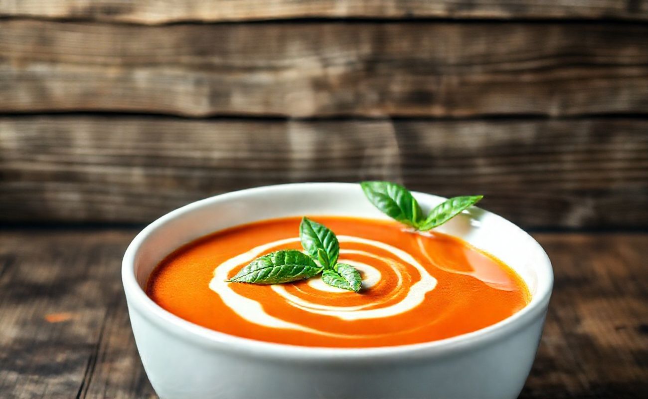 Sopa Cremosa de Tomate Viral servida em bowl branco com textura aveludada, creme decorativo e folhas de manjericão fresco