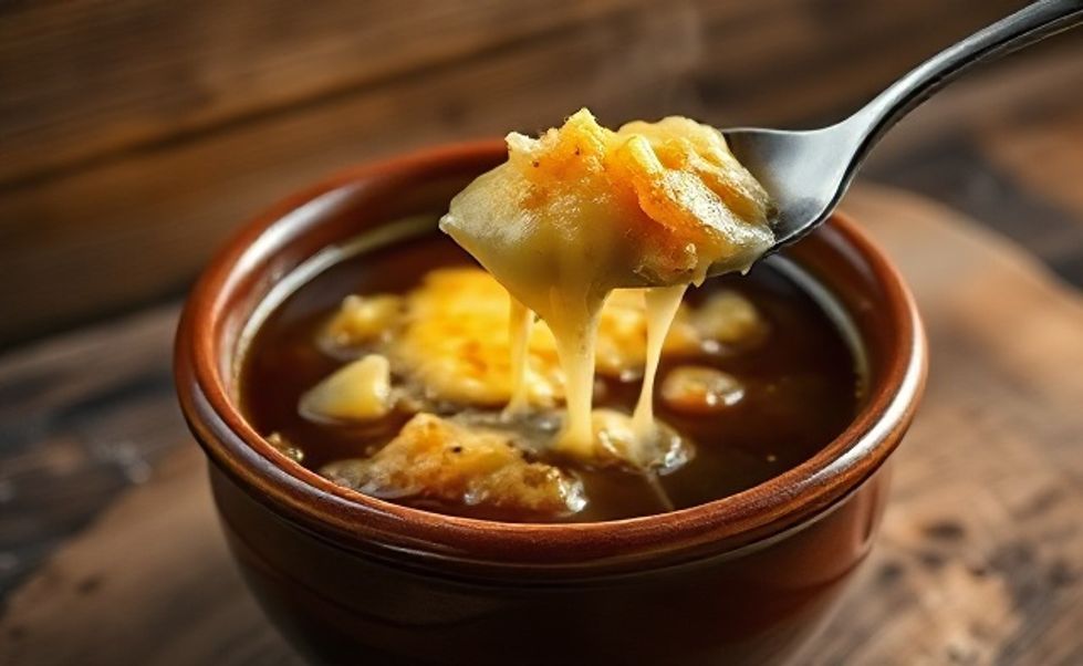 Sopa de Cebola tradicional em bowl cerâmico com crosta dourada de queijo derretido, caldo escuro visível através das rachaduras