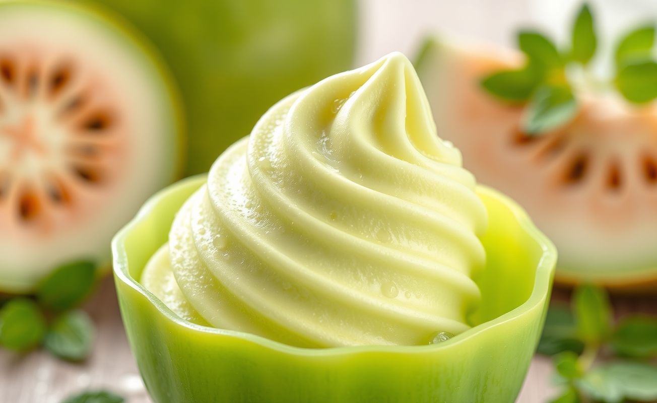 Sorvete Coreano Melona cremoso em recipiente verde com gotas de condensação, acompanhado de fatias de melão fresco