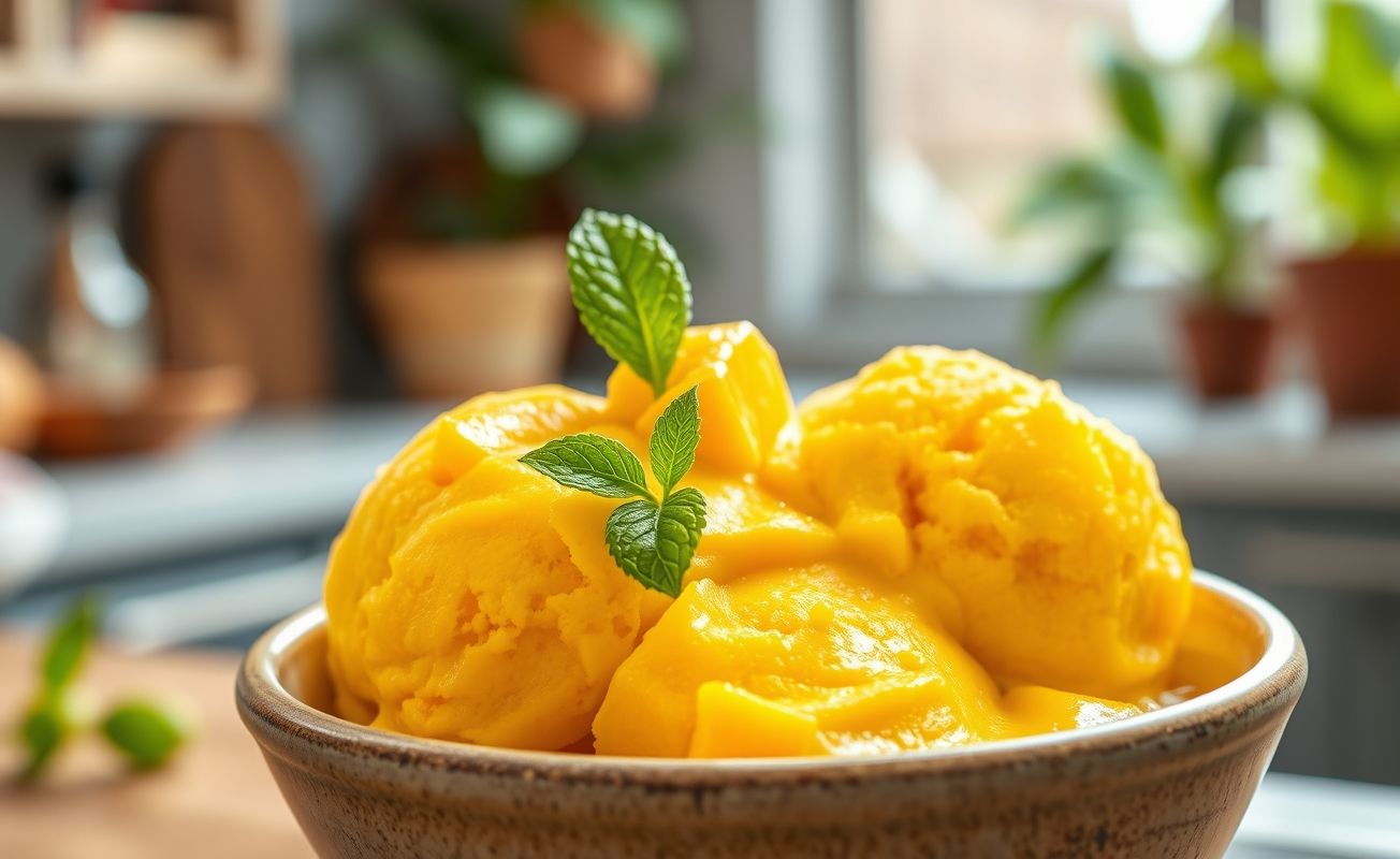 Sorvete de Manga 2 Ingredientes cremoso servido em tigela com pedaços de manga fresca e hortelã, textura suave e cor amarelo-dourado vibrante