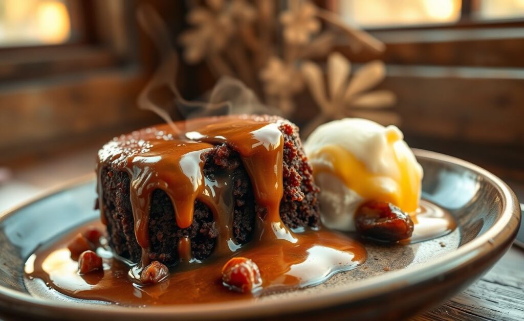 Sticky Toffee Pudting servido quente com calda caramelizada escorrendo, pedaços de tâmara visíveis na massa úmida escura