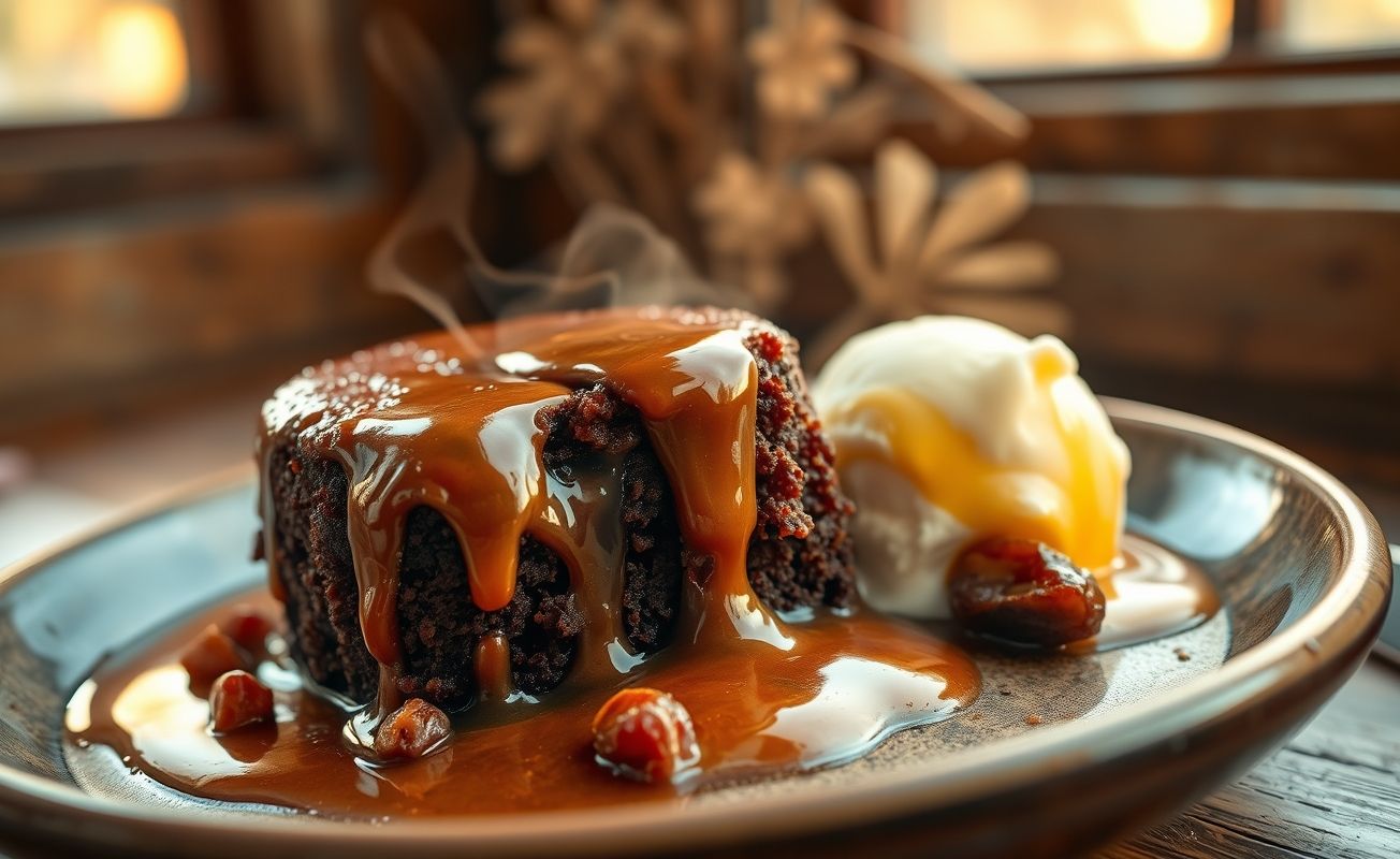 Sticky Toffee Pudting servido quente com calda caramelizada escorrendo, pedaços de tâmara visíveis na massa úmida escura