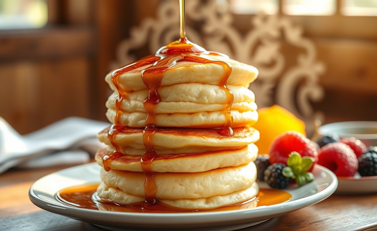 Suflê Pancake Japonês dourado e alto servido com xarope e frutas vermelhas frescas, textura fofa e aerada visível