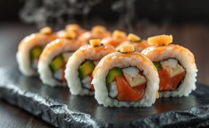 Sushi caseiro com salmão e abacate cortado mostrando recheio colorido, acompanhado de gengibre e wasabi em prato escuro
