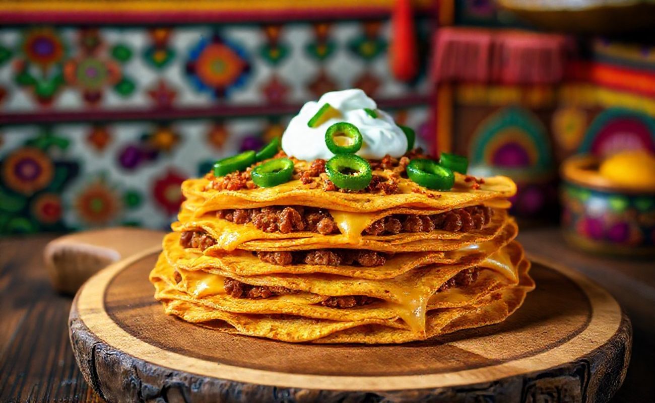 Taco Bell Mexican Pizza Copycat caseira com camadas douradas, queijo derretido, carne temperada e jalapeños sobre tábua de madeira