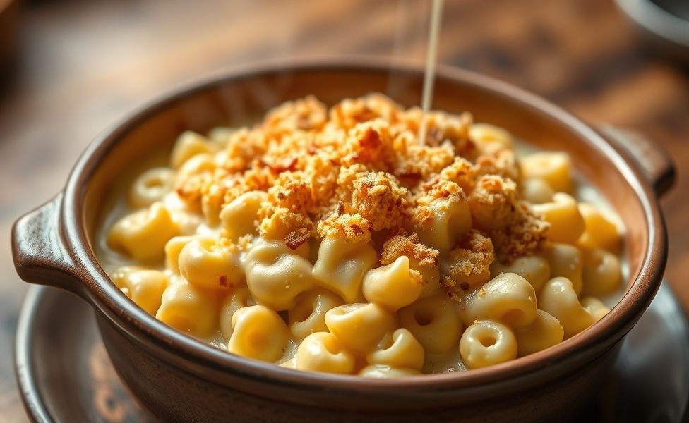 Tini's Mac and Cheese servido em forma cerâmica com macarrão coberto por crosta dourada e queijo derretido visível