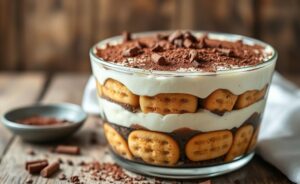 Tiramisu italiano tradicional servido em taça transparente mostrando camadas de biscoito embebido em café e creme de mascarpone, polvilhado com cacau em pó