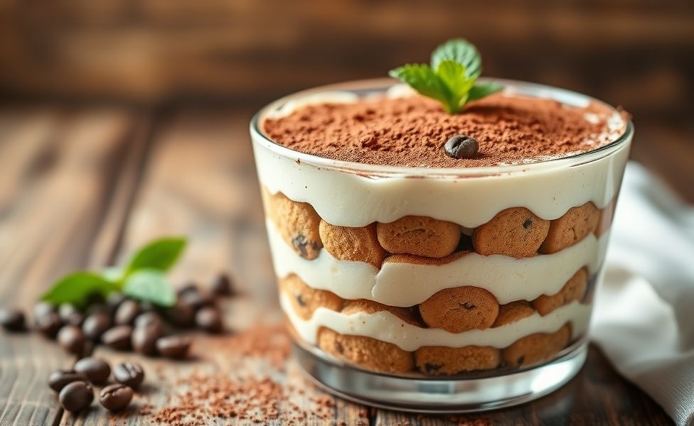 Tiramisu clássico italiano em camadas cremosas com cacau polvilhado, servido em taça transparente mostrando as texturas
